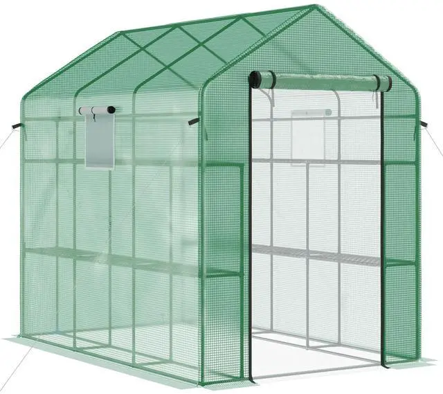 Main image of Outsunny 7' x 5' x 6' Walk-in Greenhouse with Mesh Door and Windows, 18 Shelf Hot House with Trellis, Plant Labels, UV protective for Growing Flowers, Herbs, Vegetables, Saplings, Green