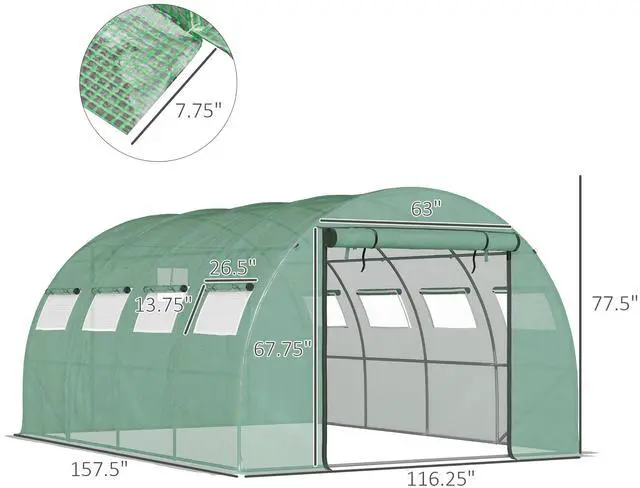 Alt view image 5 of 7 - Outsunny 13' x 10' x 6.5' Walk-in Tunnel Greenhouse with 2 Zippered Mesh Doors & 10 Mesh Windows, Upgraded Gardening Plant Hot House with Galvanized Steel Hoops, Green
