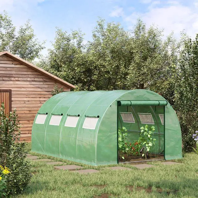 Alt view image 6 of 7 - Outsunny 13' x 10' x 6.5' Walk-in Tunnel Greenhouse with 2 Zippered Mesh Doors & 10 Mesh Windows, Upgraded Gardening Plant Hot House with Galvanized Steel Hoops, Green