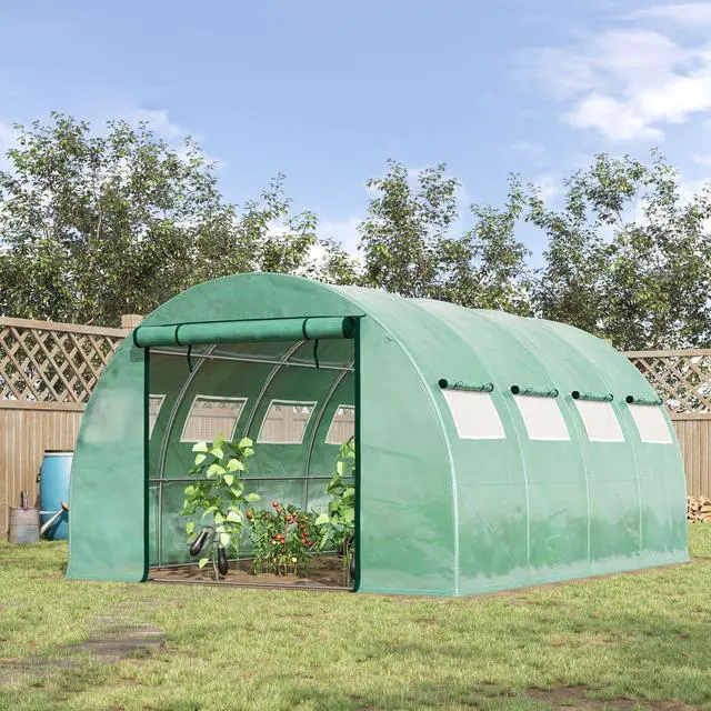 Alt view image 7 of 7 - Outsunny 13' x 10' x 6.5' Walk-in Tunnel Greenhouse with 2 Zippered Mesh Doors & 10 Mesh Windows, Upgraded Gardening Plant Hot House with Galvanized Steel Hoops, Green