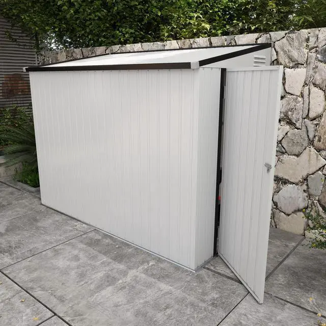 Alt view image 6 of 7 - Outsunny 4' x 7.7' Metal Outdoor Storage Shed, Lean to Storage Shed, Garden Tool Storage House with Lockable Door and 2 Air Vents for Backyard, Patio, Lawn, White