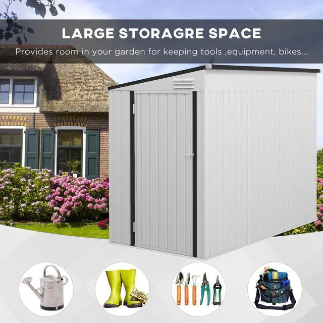 Alt view image 4 of 7 - Outsunny 4' x 7.7' Metal Outdoor Storage Shed, Lean to Storage Shed, Garden Tool Storage House with Lockable Door and 2 Air Vents for Backyard, Patio, Lawn, White