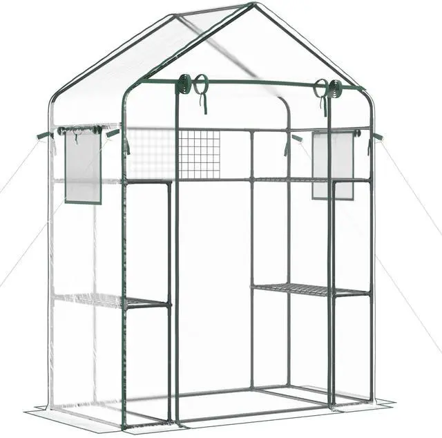 Main image of Outsunny Outdoor Walk-in Mini Greenhouse with Mesh Door & Windows, Small Portable Garden Green House with 3 Tiers 6 Shelves, Trellis, & Plant Labels
