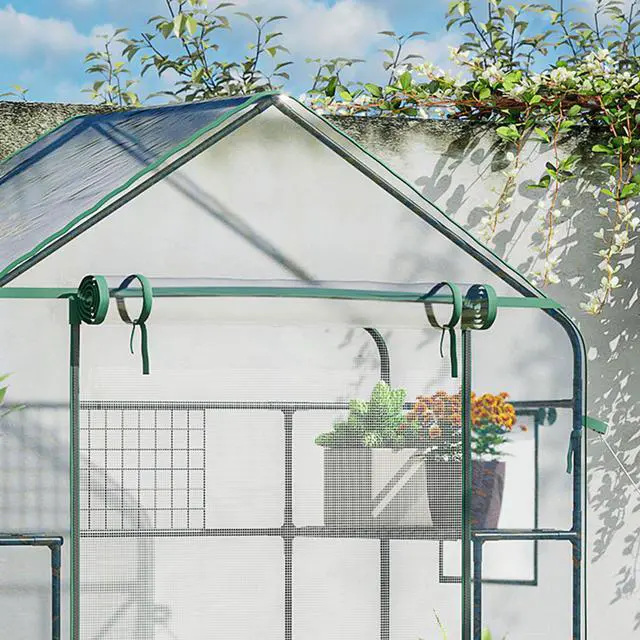 Alt view image 2 of 7 - Outsunny Outdoor Walk-in Mini Greenhouse with Mesh Door & Windows, Small Portable Garden Green House with 3 Tiers 6 Shelves, Trellis, & Plant Labels