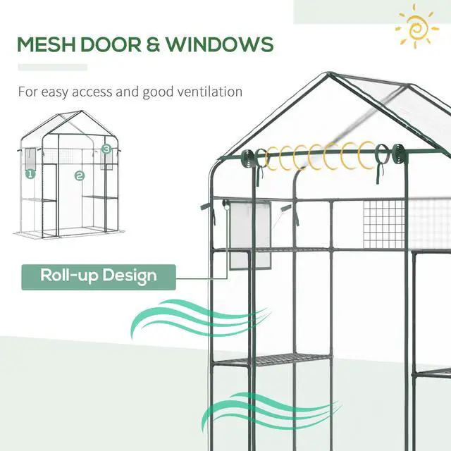 Alt view image 6 of 7 - Outsunny Outdoor Walk-in Mini Greenhouse with Mesh Door & Windows, Small Portable Garden Green House with 3 Tiers 6 Shelves, Trellis, & Plant Labels