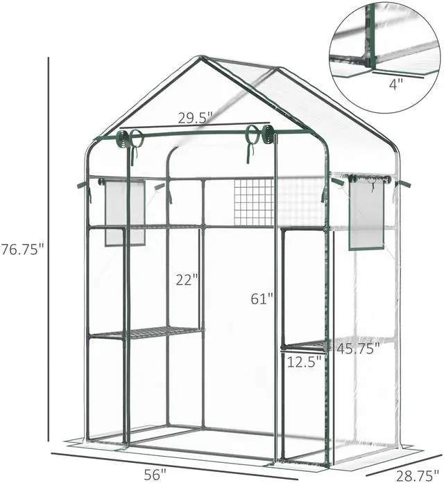 Alt view image 7 of 7 - Outsunny Outdoor Walk-in Mini Greenhouse with Mesh Door & Windows, Small Portable Garden Green House with 3 Tiers 6 Shelves, Trellis, & Plant Labels
