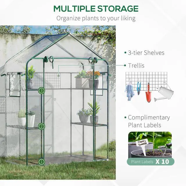 Alt view image 5 of 7 - Outsunny Outdoor Walk-in Mini Greenhouse with Mesh Door & Windows, Small Portable Garden Green House with 3 Tiers 6 Shelves, Trellis, & Plant Labels