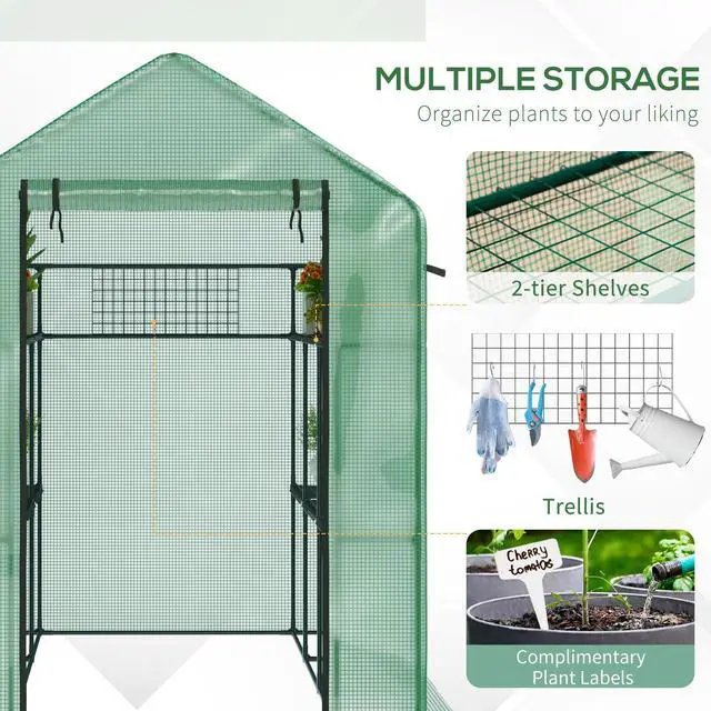 Alt view image 3 of 7 - Outsunny 7' x 5' x 6' Walk-in Greenhouse with Mesh Door and Windows, 18 Shelf Hot House with Trellis, Plant Labels, UV protective for Growing Flowers, Herbs, Vegetables, Saplings, Green