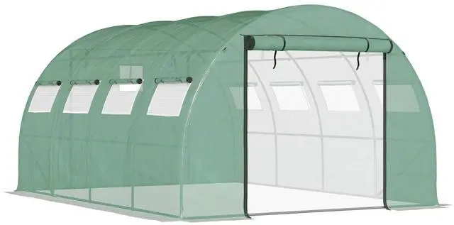 Main image of Outsunny 13' x 10' x 6.5' Walk-in Tunnel Greenhouse with 2 Zippered Mesh Doors & 10 Mesh Windows, Upgraded Gardening Plant Hot House with Galvanized Steel Hoops, Green
