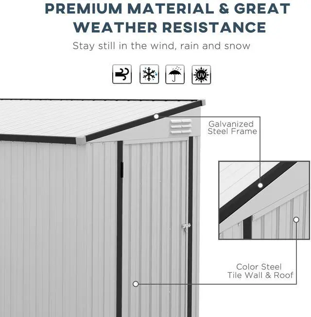 Alt view image 3 of 7 - Outsunny 4' x 7.7' Metal Outdoor Storage Shed, Lean to Storage Shed, Garden Tool Storage House with Lockable Door and 2 Air Vents for Backyard, Patio, Lawn, White