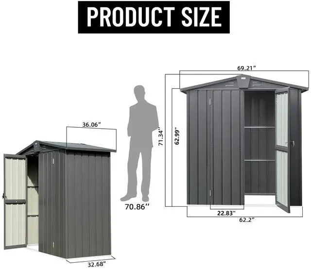 Alt view image 7 of 7 - Outdoor Storage Shed 5.7x3 FT,Metal Outside Sheds&Outdoor Storage Galvanized Steel,Tool Shed with Lockable Double Door for Patio,Backyard,Garden,Lawn (5.7x3ft, Dark Gray)