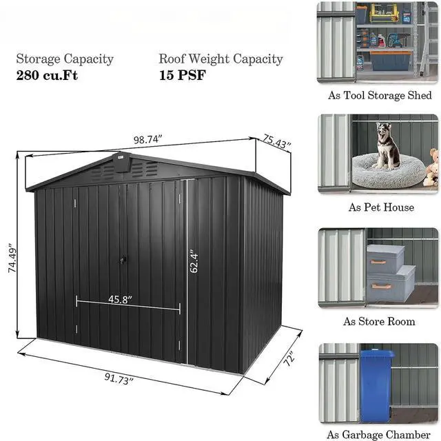 Alt view image 5 of 5 - Outdoor Storage Shed 8.2'x 6.2', Metal Garden Shed for Bike, Trash Can, Galvanized Steel Outdoor Storage Cabinet with Lockable Door for Backyard, Patio, Lawn (8.2x6.2ft, Dark Gray)