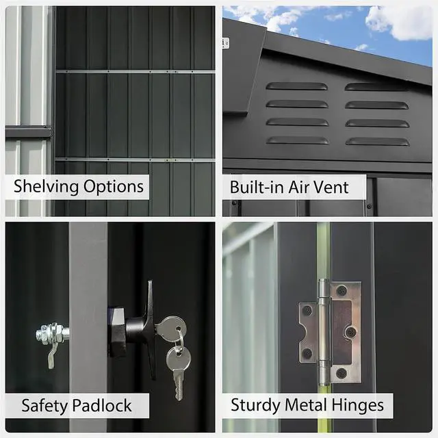 Alt view image 4 of 5 - Outdoor Storage Shed 8.2'x 6.2', Metal Garden Shed for Bike, Trash Can, Galvanized Steel Outdoor Storage Cabinet with Lockable Door for Backyard, Patio, Lawn (8.2x6.2ft, Dark Gray)