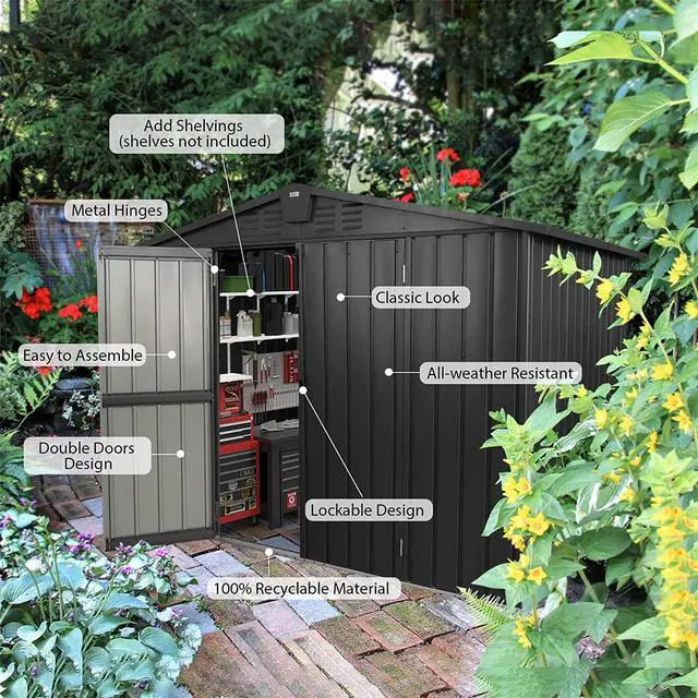 Alt view image 3 of 5 - Outdoor Storage Shed 8.2'x 6.2', Metal Garden Shed for Bike, Trash Can, Galvanized Steel Outdoor Storage Cabinet with Lockable Door for Backyard, Patio, Lawn (8.2x6.2ft, Dark Gray)