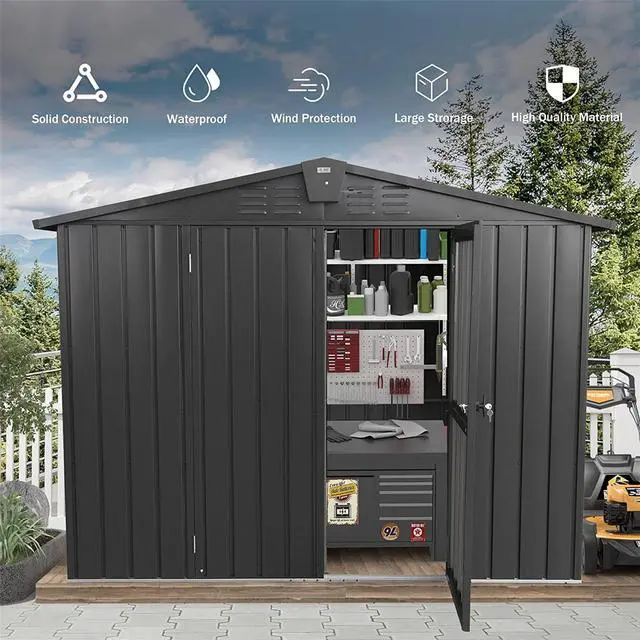 Alt view image 2 of 5 - Outdoor Storage Shed 8.2'x 6.2', Metal Garden Shed for Bike, Trash Can, Galvanized Steel Outdoor Storage Cabinet with Lockable Door for Backyard, Patio, Lawn (8.2x6.2ft, Dark Gray)