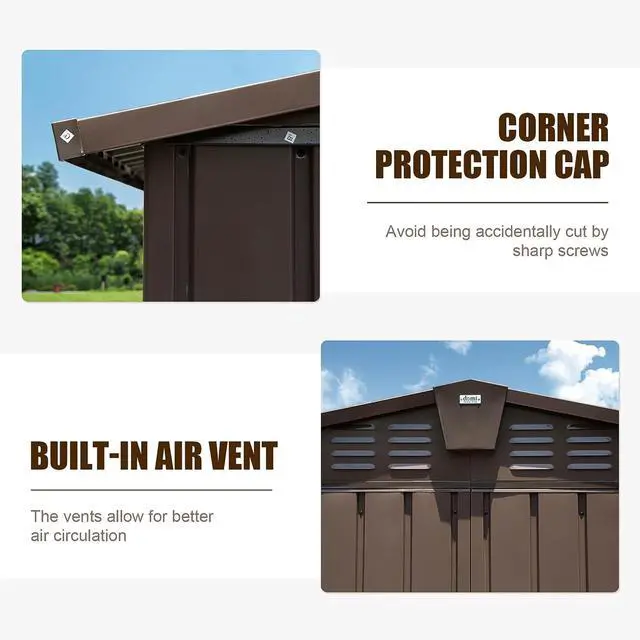 Alt view image 4 of 7 - Backyard Storage Shed 11' x 12.5' with Galvanized Steel Frame & Windows, Outdoor Garden Shed Metal Utility Tool Storage Room with Lockable Door for Patio(Brown)