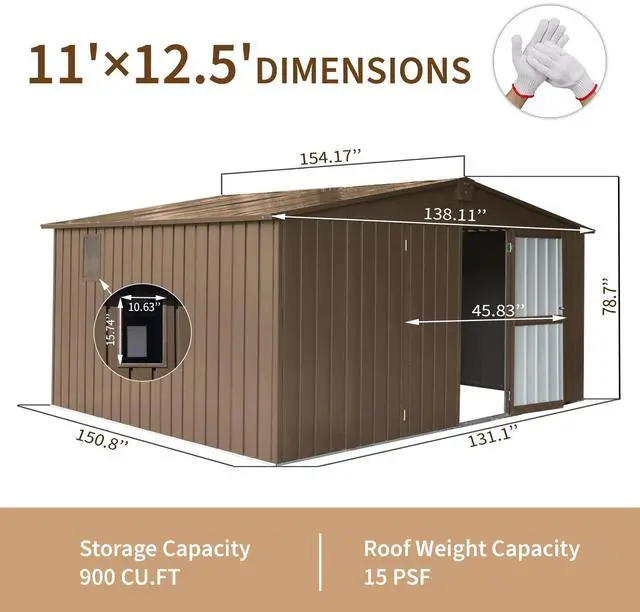 Alt view image 7 of 7 - Backyard Storage Shed 11' x 12.5' with Galvanized Steel Frame & Windows, Outdoor Garden Shed Metal Utility Tool Storage Room with Lockable Door for Patio(Brown)