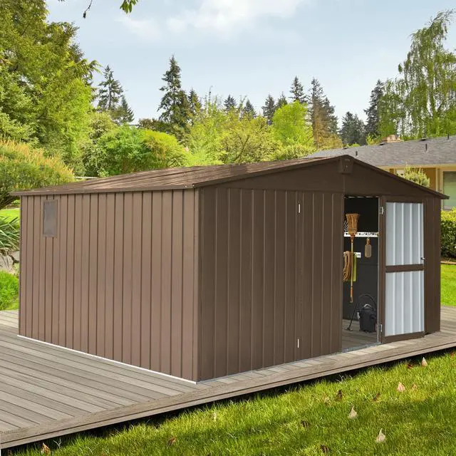 Alt view image 2 of 7 - Backyard Storage Shed 11' x 12.5' with Galvanized Steel Frame & Windows, Outdoor Garden Shed Metal Utility Tool Storage Room with Lockable Door for Patio(Brown)