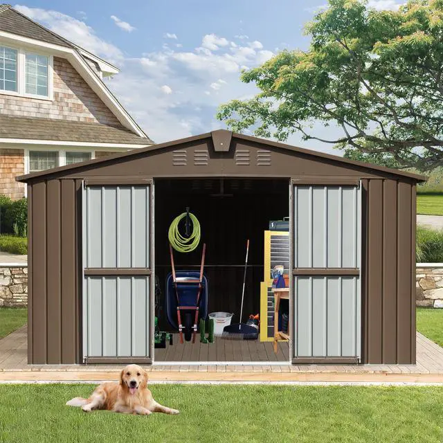 Alt view image 3 of 7 - Backyard Storage Shed 11' x 12.5' with Galvanized Steel Frame & Windows, Outdoor Garden Shed Metal Utility Tool Storage Room with Lockable Door for Patio(Brown)