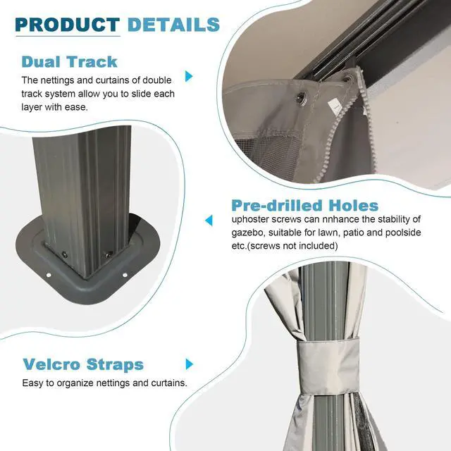 Alt view image 6 of 7 - Gazebo 10x14FT, Outdoor Gazebo with Double Roofs, Privacy Curtains, Mosquito Nettings, Heavy Duty Metal Frame Party Tent Canopy for Patio, Backyard, Deck, Lawn, Grey