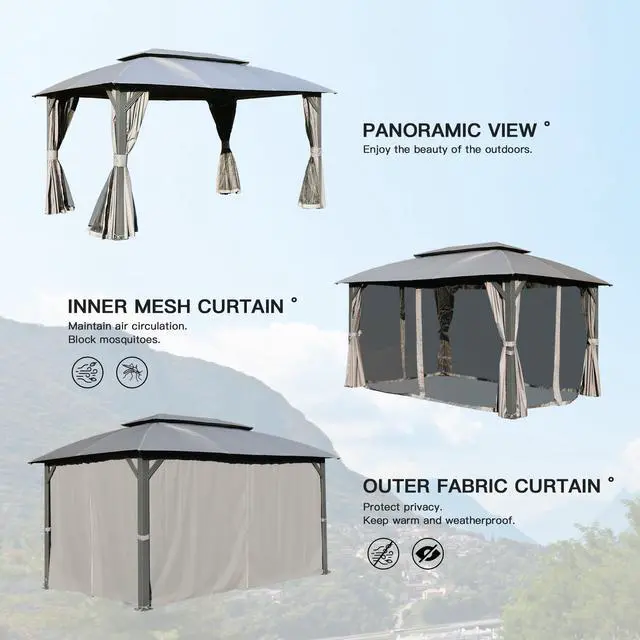 Alt view image 7 of 7 - Gazebo 10x14FT, Outdoor Gazebo with Double Roofs, Privacy Curtains, Mosquito Nettings, Heavy Duty Metal Frame Party Tent Canopy for Patio, Backyard, Deck, Lawn, Grey