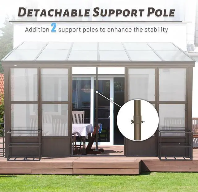 Alt view image 7 of 7 - 10x14FT All Season Sunroom, Outdoor Permanent Wall Mounted Solarium with Detachable Polycarbonate Windows, Aluminum Lean to Gazebo Sun Room with 2 Lockable Sliding Doors for Garden Patio Deck