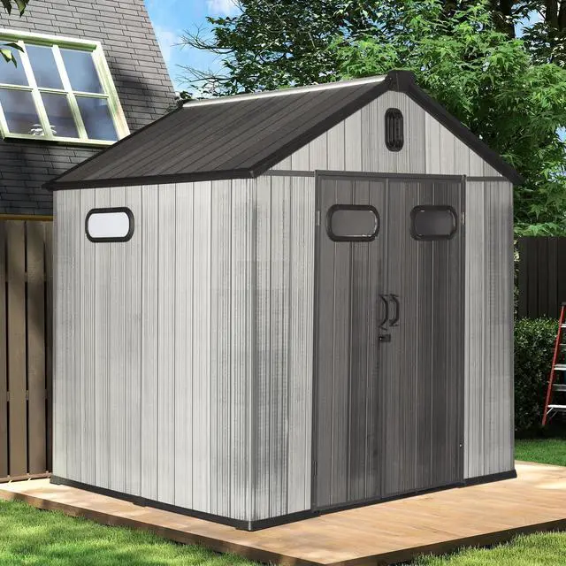 Alt view image 2 of 7 - 8x8FT Resin Outdoor Storage Shed with Lockable Door, Waterproof Outside Sheds with Windows & Vents, Heavy-Duty Plastic Tool Storage Shed for Patio Furniture, Lawn Mower, Bike