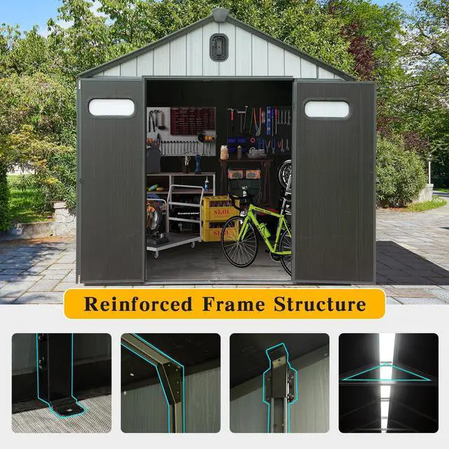 Alt view image 7 of 7 - 8x8FT Resin Outdoor Storage Shed with Lockable Door, Waterproof Outside Sheds with Windows & Vents, Heavy-Duty Plastic Tool Storage Shed for Patio Furniture, Lawn Mower, Bike