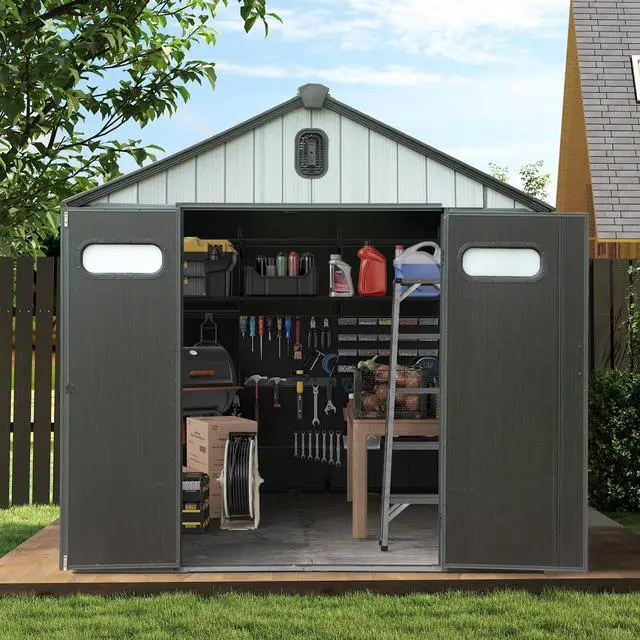 Alt view image 6 of 7 - 8x8FT Resin Outdoor Storage Shed with Lockable Door, Waterproof Outside Sheds with Windows & Vents, Heavy-Duty Plastic Tool Storage Shed for Patio Furniture, Lawn Mower, Bike