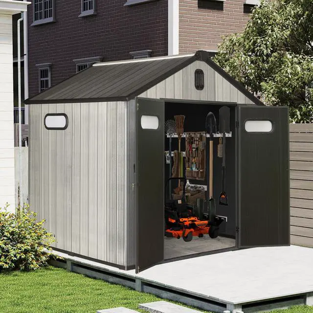 Alt view image 2 of 7 - 8x6FT Resin Outdoor Storage Shed with Lockable Door, Waterproof Outside Sheds with Windows & Vents, Heavy-Duty Plastic Tool Storage Shed for Patio Furniture, Lawn Mower, Bike