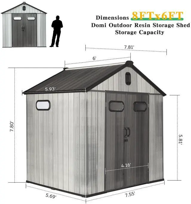Alt view image 4 of 7 - 8x6FT Resin Outdoor Storage Shed with Lockable Door, Waterproof Outside Sheds with Windows & Vents, Heavy-Duty Plastic Tool Storage Shed for Patio Furniture, Lawn Mower, Bike
