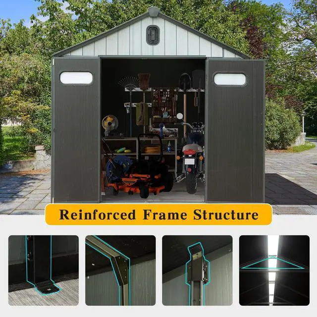 Alt view image 6 of 7 - 8x6FT Resin Outdoor Storage Shed with Lockable Door, Waterproof Outside Sheds with Windows & Vents, Heavy-Duty Plastic Tool Storage Shed for Patio Furniture, Lawn Mower, Bike