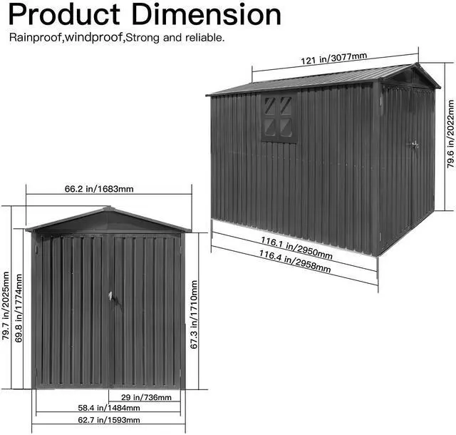 Alt view image 7 of 7 - Motorcycle Outdoor Steel Storage Shed With Window ,tracks and fixtures,Grey