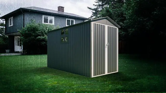 Alt view image 5 of 6 - Motorcycle Outdoor Steel Storage Shed With Window , tracks and fixtures,Grey+White