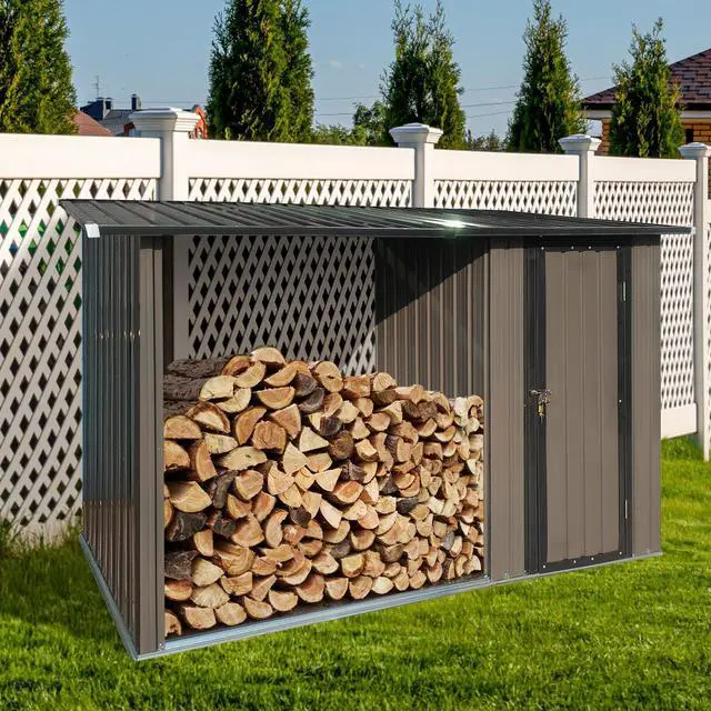 Alt view image 2 of 7 - Outdoor Metal Firewood Rack and Storage Shed, Brown and Black,Two-in-one function
