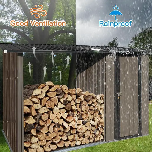 Alt view image 5 of 7 - Outdoor Metal Firewood Rack and Storage Shed, Brown and Black,Two-in-one function