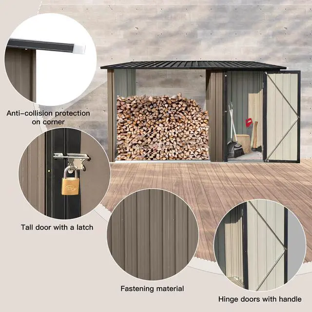 Alt view image 4 of 7 - Outdoor Metal Firewood Rack and Storage Shed, Brown and Black,Two-in-one function