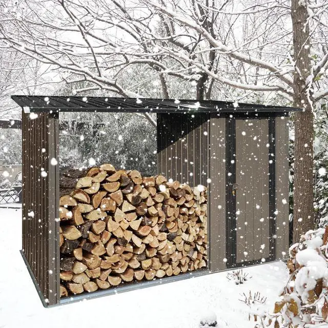 Alt view image 6 of 7 - Outdoor Metal Firewood Rack and Storage Shed, Brown and Black,Two-in-one function