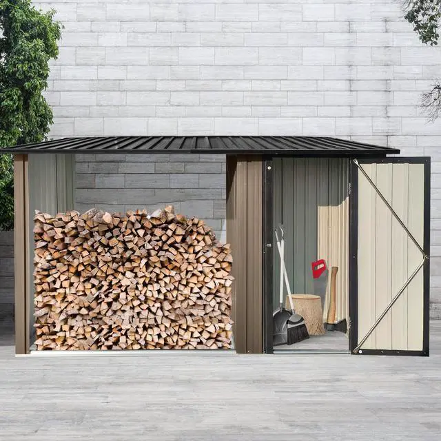 Alt view image 7 of 7 - Outdoor Metal Firewood Rack and Storage Shed, Brown and Black,Two-in-one function