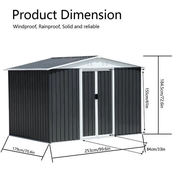 Alt view image 3 of 6 - Outdoor Storage Garden Bike Shed 8x6 Feet Apex Roof Dark Grey With Aluminum alloy frame and sliding door