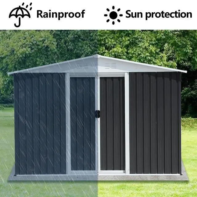 Alt view image 2 of 6 - Outdoor Storage Garden Bike Shed 8x6 Feet Apex Roof Dark Grey With Aluminum alloy frame and sliding door