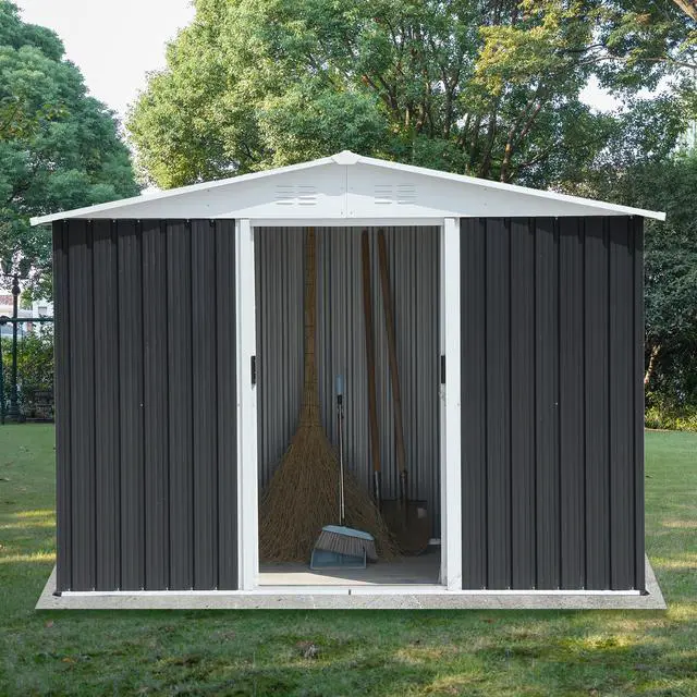 Alt view image 5 of 6 - Outdoor Storage Garden Bike Shed 8x6 Feet Apex Roof Dark Grey With Aluminum alloy frame and sliding door