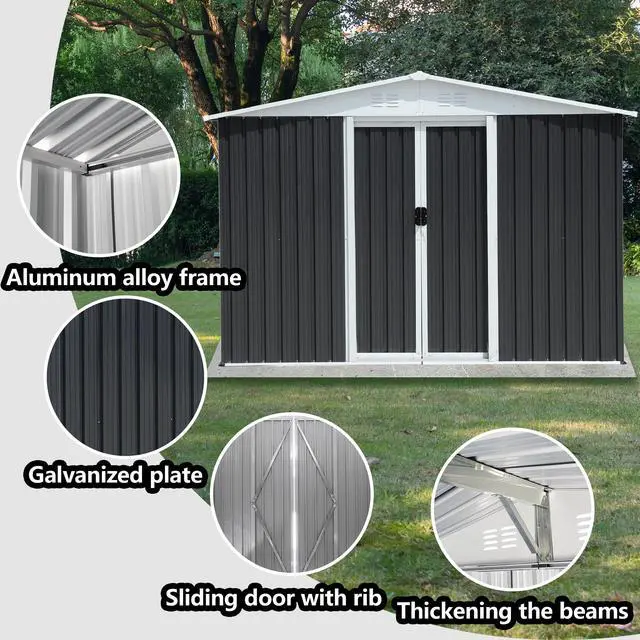 Alt view image 4 of 6 - Outdoor Storage Garden Bike Shed 8x6 Feet Apex Roof Dark Grey With Aluminum alloy frame and sliding door