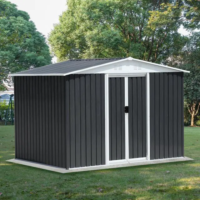 Main image of Outdoor Storage Garden Bike Shed 8x6 Feet Apex Roof Dark Grey With Aluminum alloy frame and sliding door