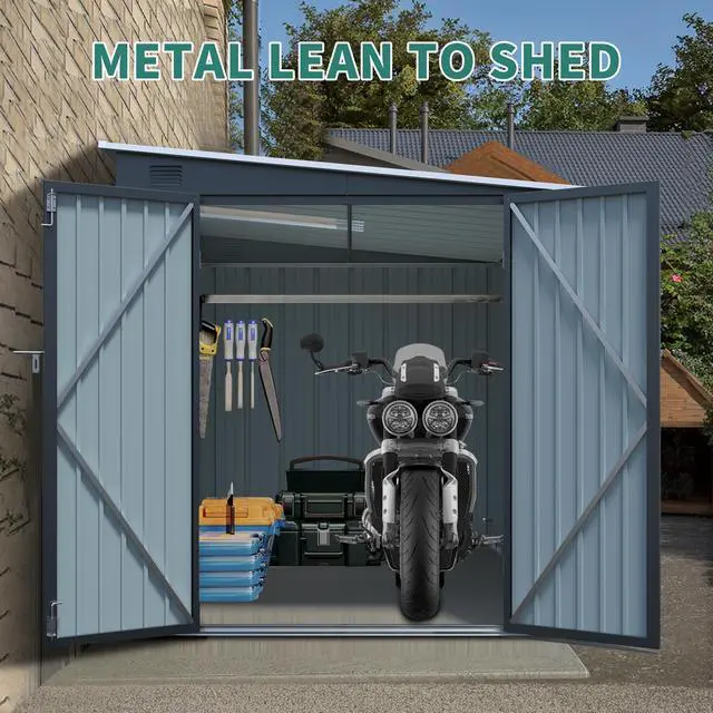 Alt view image 2 of 7 - 6x8FT Galvanized Steel Outdoor Storage Shed with Lockable Double Doors, Metal Lean to Shed with Free PC Light Board for Tools, Bikes & Patio Essentials (Without floors)