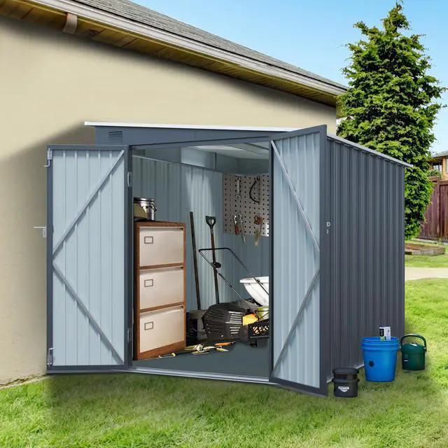 Main image of 6x8FT Galvanized Steel Outdoor Storage Shed with Lockable Double Doors, Metal Lean to Shed with Free PC Light Board for Tools, Bikes & Patio Essentials (Without floors)