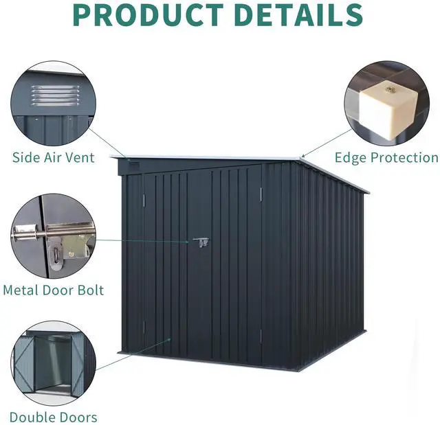 Alt view image 5 of 7 - 6x8FT Galvanized Steel Outdoor Storage Shed with Lockable Double Doors, Metal Lean to Shed with Free PC Light Board for Tools, Bikes & Patio Essentials (Without floors)