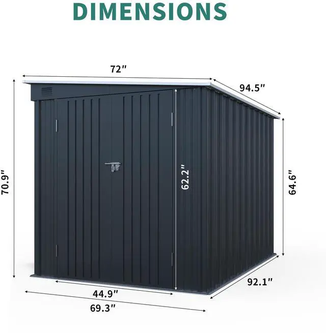 Alt view image 7 of 7 - 6x8FT Galvanized Steel Outdoor Storage Shed with Lockable Double Doors, Metal Lean to Shed with Free PC Light Board for Tools, Bikes & Patio Essentials (Without floors)