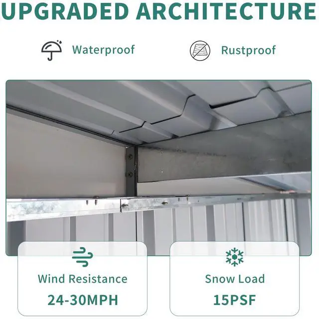 Alt view image 4 of 7 - 6x8FT Galvanized Steel Outdoor Storage Shed with Lockable Double Doors, Metal Lean to Shed with Free PC Light Board for Tools, Bikes & Patio Essentials (Without floors)