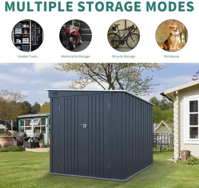 Alt view image 6 of 7 - 6x8FT Galvanized Steel Outdoor Storage Shed with Lockable Double Doors, Metal Lean to Shed with Free PC Light Board for Tools, Bikes & Patio Essentials (Without floors)